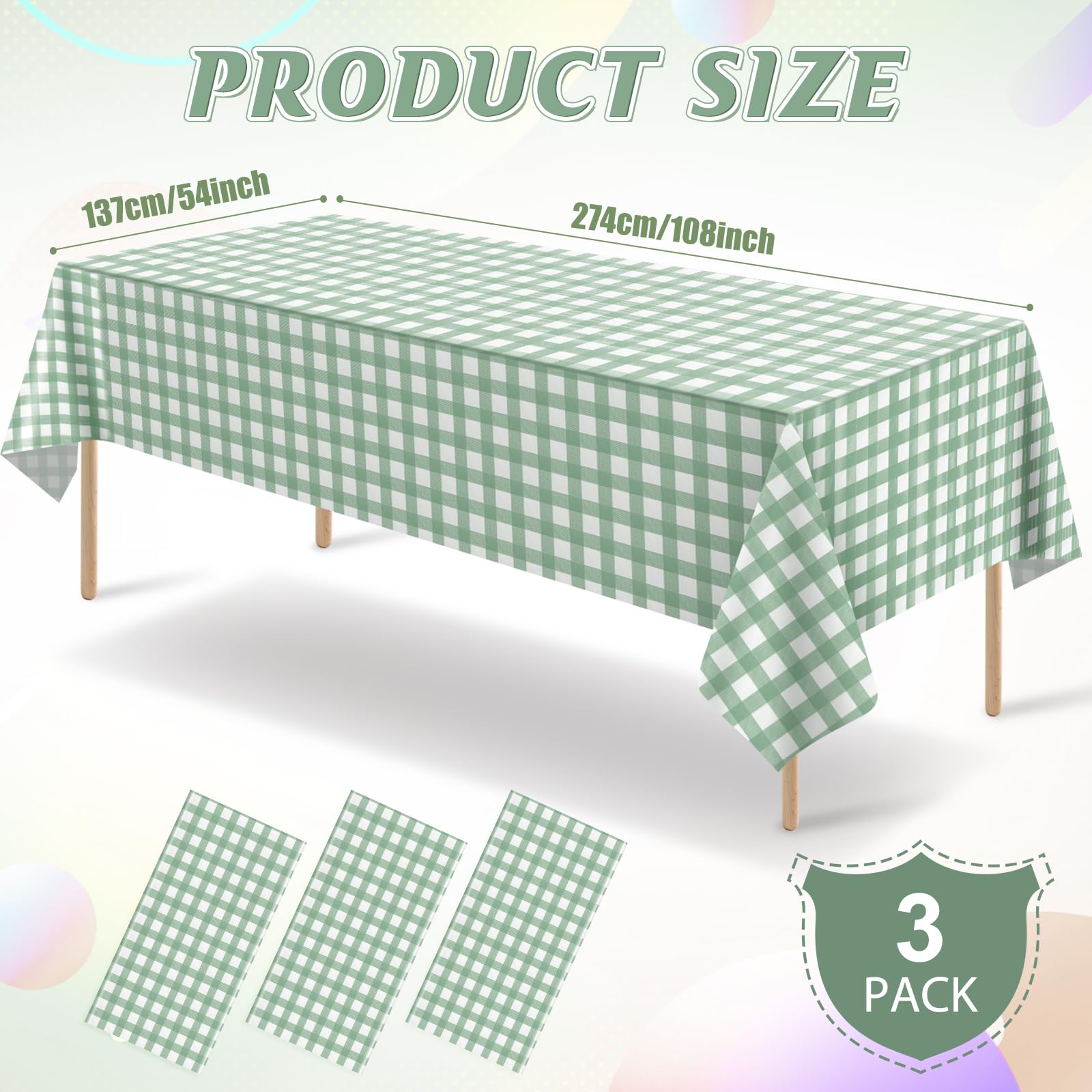 3Pcs Sage Green Gingham Birthday Party Tablecloth Decorations,Green White Checkered Plastic Table Cover Disposable Rectangle Plaid Table Cloth for Baby Shower Kids Wedding Party Supplies,54x108 Inch