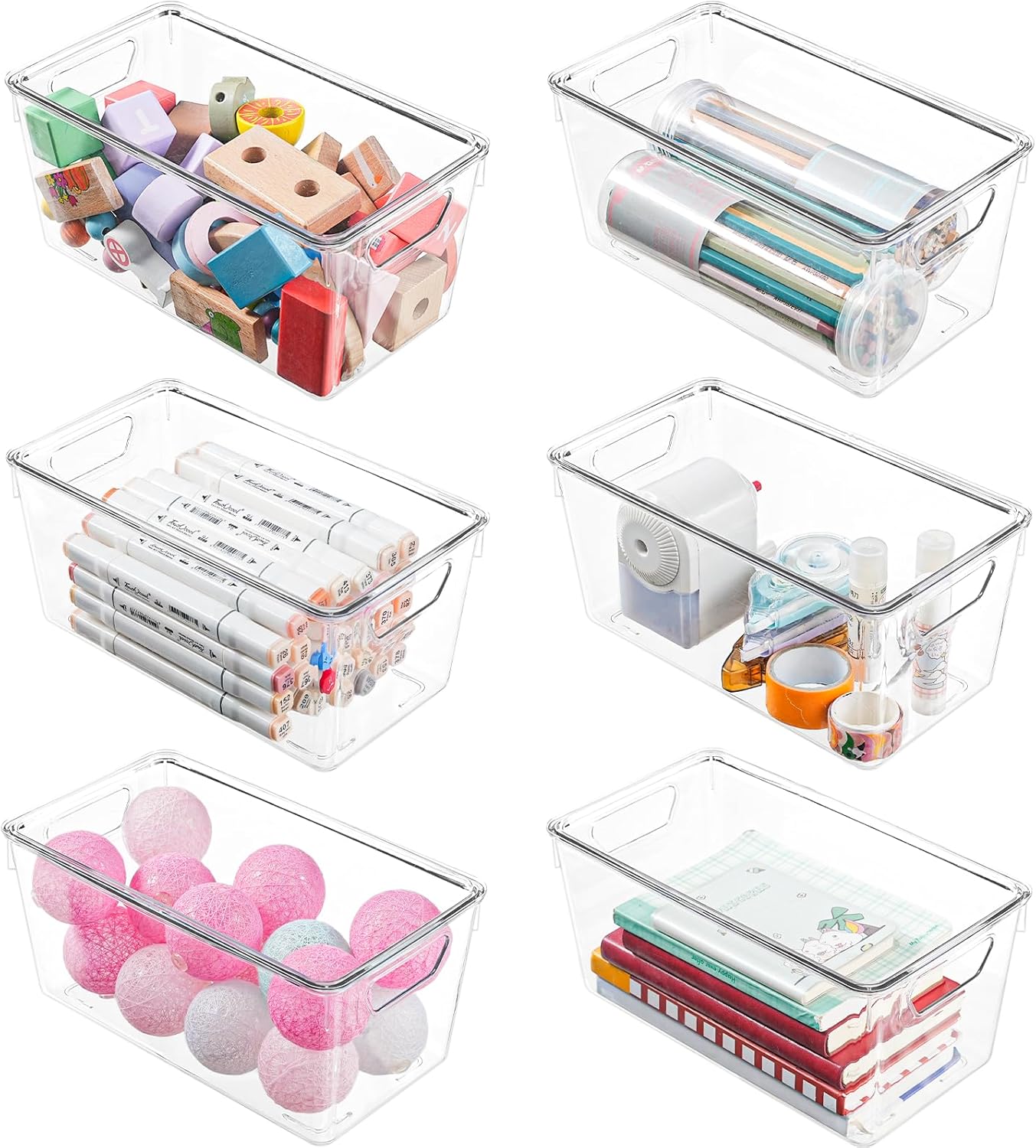 Skiennix 6 Pack Clear Storage Bins - Stackable Acrylic Craft Containers with Lids & Handles | Ideal for Kitchen & Office Organization