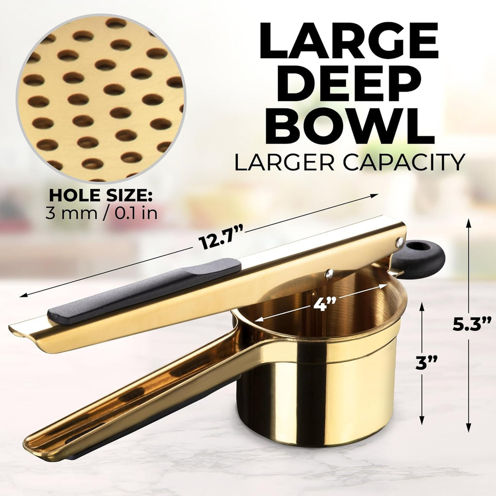 Zulay Kitchen 15oz Potato Ricer - Heavy Duty Stainless Steel Masher for Perfect Mashed Potatoes | Gold/Black