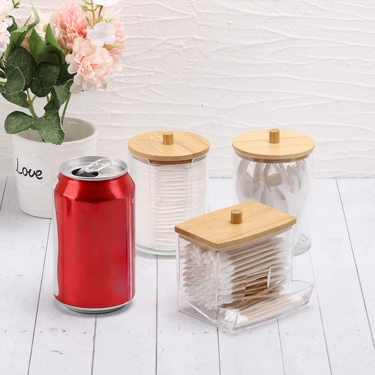 Tbestmax Bathroom Organizer Set | 3-Piece Bamboo Lid Storage for Q-Tips & Cotton Balls - 10 Oz Jars