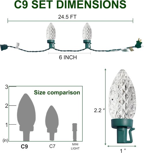 C9 Christmas Lights - 50 LED Faceted String Lights | 24.5 FT Connectable, UL Certified for Indoor/Outdoor Use