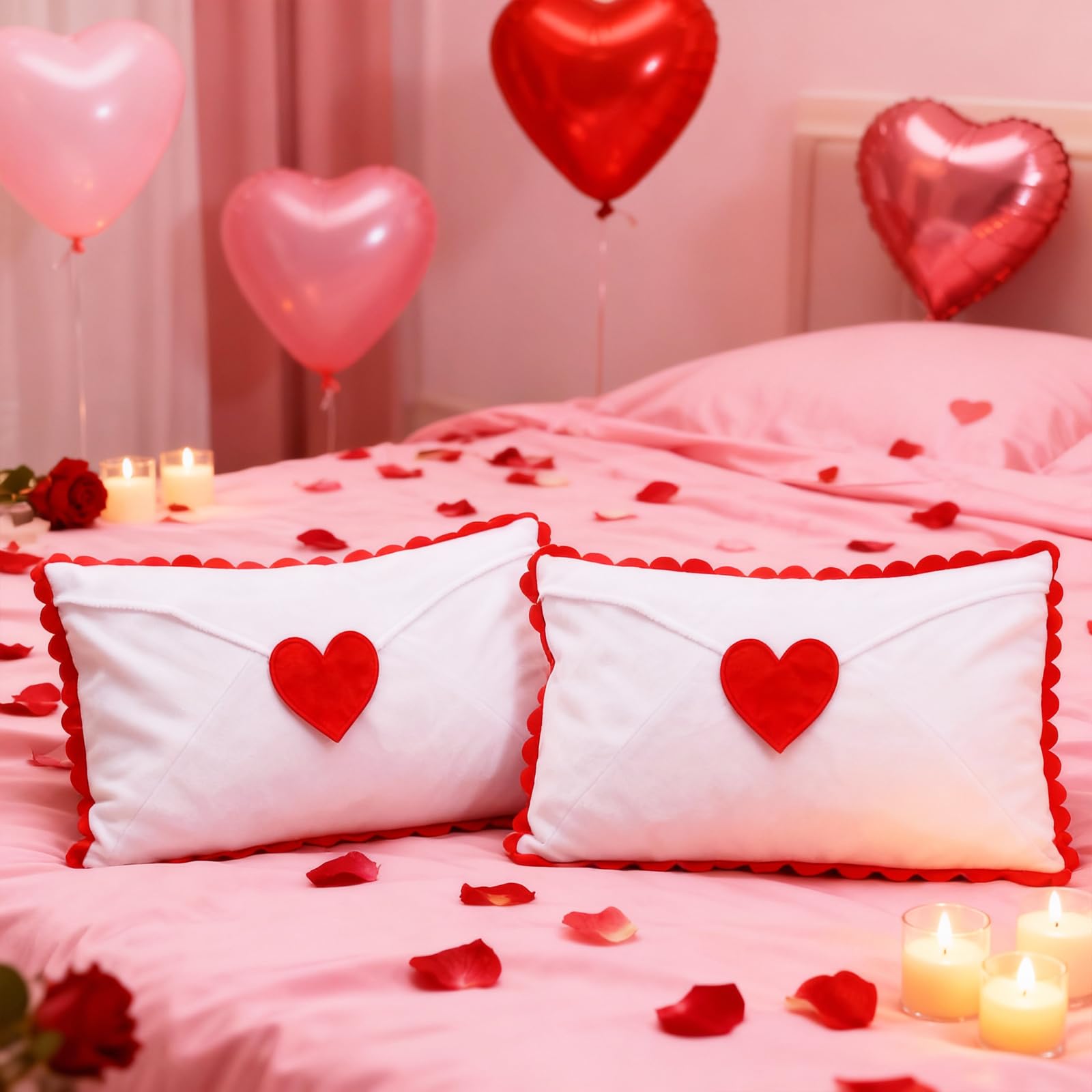 Cinnvoice 2 Pcs Valentine Day Pillow Covers 12x20 Valentines Lumbar Pillow Case Love Pattern Throw Cushion Case Heart Shape Embroidery Throw Covers for Bedroom Sofa Couch Decoration(Envelope)