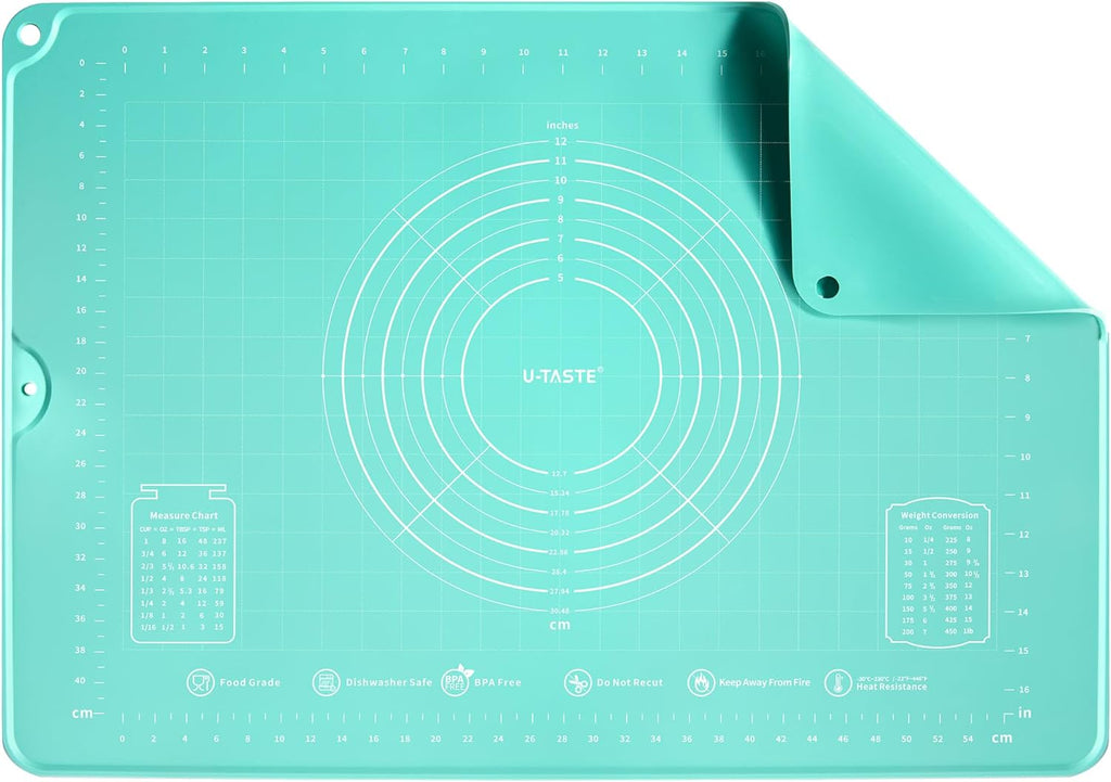 U-Taste Large Pastry Mat 28"x20" - Food-Grade Silicone, Non-Stick, Non-Slip with Clear Measurements (Aqua Sky)