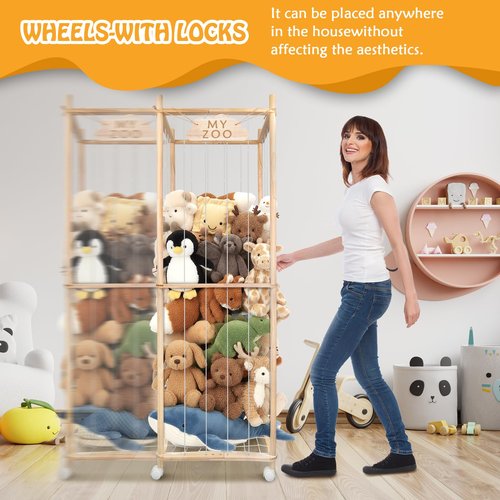 BETBEM Stuffed Animal Storage Zoo with Wheels, 64" Wooden Large Stuff Animals Plushies Holder Toy Organizer Kids Plush Storage Cage with Elastic Band and Net for Nursery Playroom Corner for Toddler
