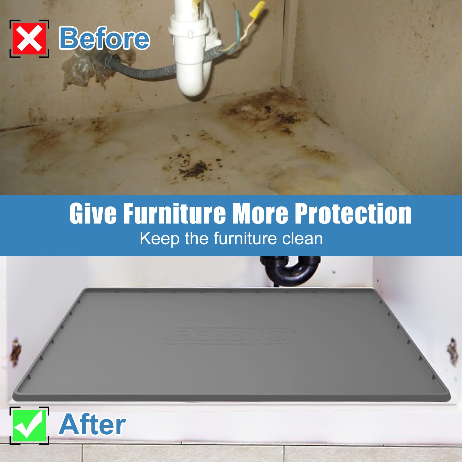 Under Sink Mat for Kitchen Waterproof, 40" x 19" Silicone Under Sink Liner Kitchen & Bathroom Cabinet Protector Mats, Heavy Duty Flexible Under Sink Drip Tray with Lip, Cool Grey