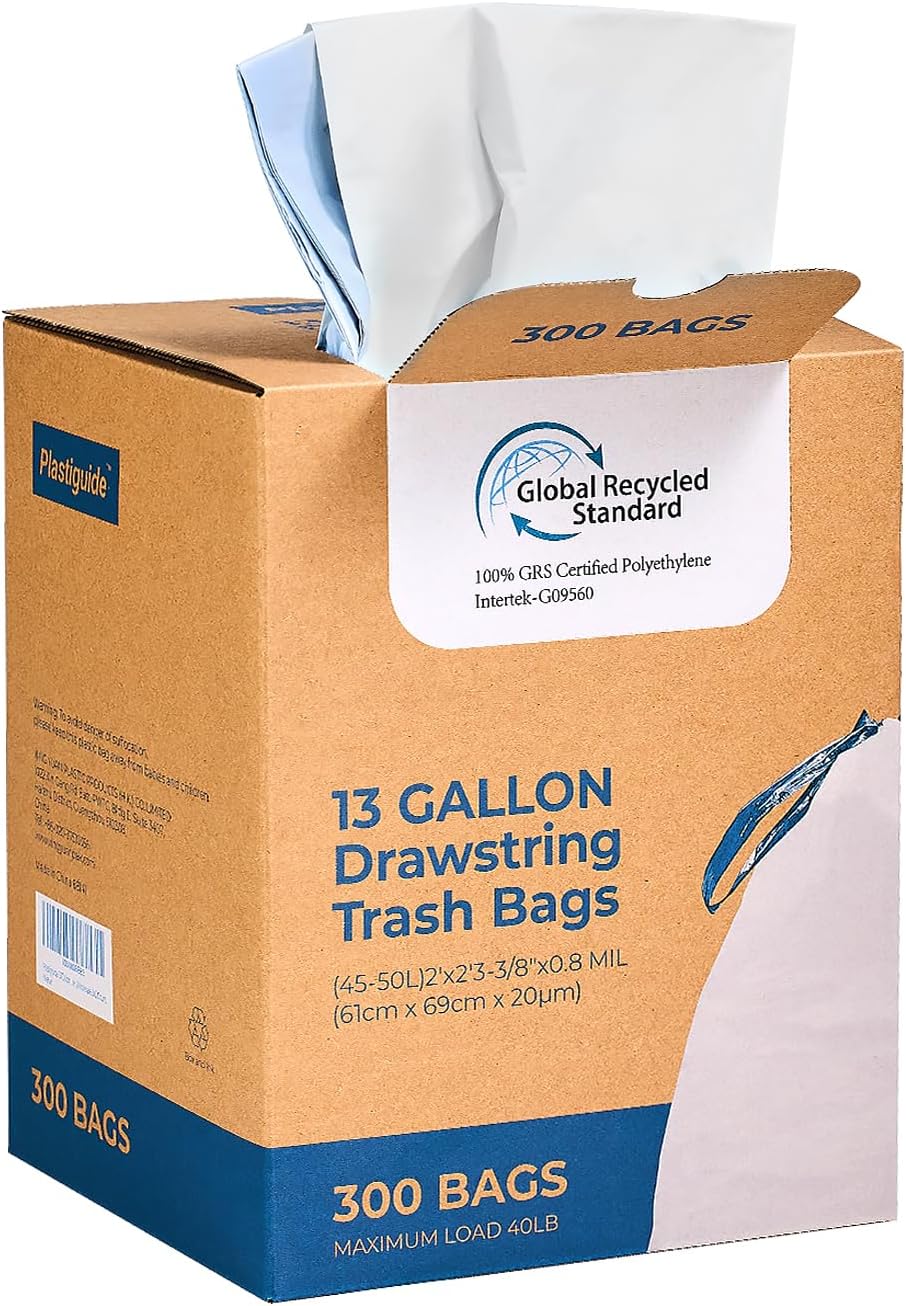 Regine Switzerland Tall Kitchen Drawstring Trash Bags - 300 Count, 13 Gallon, Eco-Friendly, Unscented, White