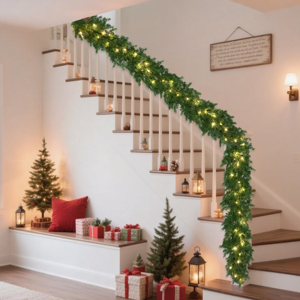 Realistic Christmas Garland With 8 Lighting Modes 6FT Real Touch Lush Artificial Cypress Garlands Prelit Garlands for Stairs Railing Fireplace Table Christmas Decorations Indoor Holiday Decor Greenery