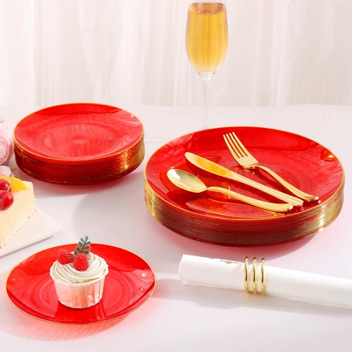 BONSINY 150 Pcs Red Plastic Dinnerware Set for 25 Guests - Red Disposable Plates for Party Birthday Easter Party
