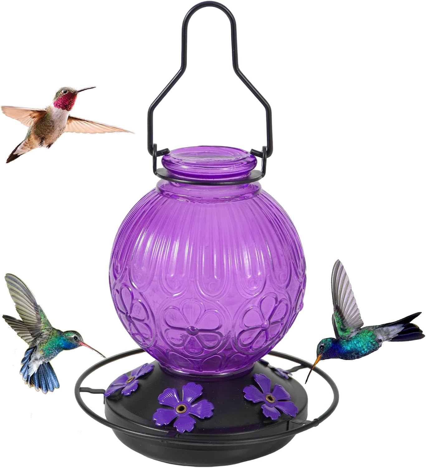 Skiennix Glass Hummingbird Feeder - 23Oz Leak-Proof Nectar Feeder with 5 Flower Ports | Purple Garden Decor Gift