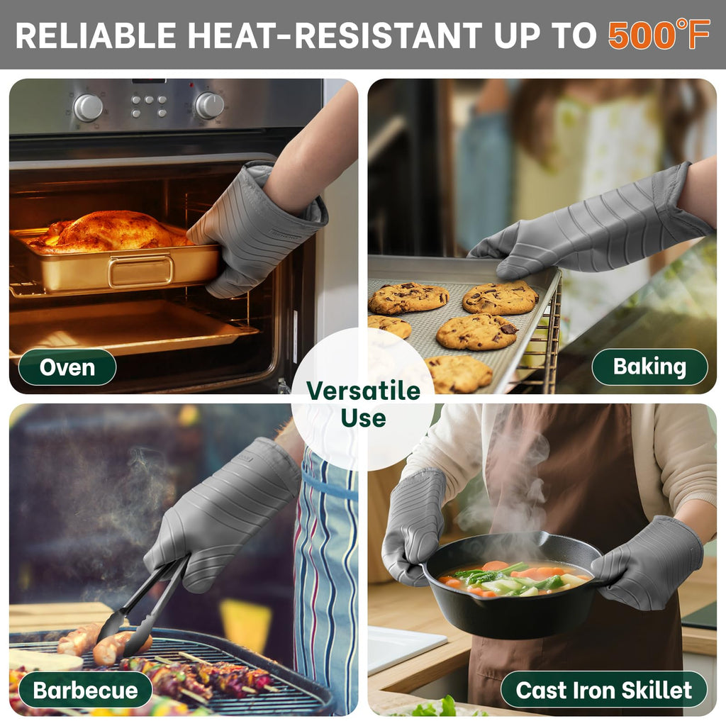 Beneno BPA-Free Silicone Oven Mitt 2-Pack Set, Heat Resistant 500°F Oven Mitts with Non-Slip Grip, Soft Thicker Lining, 7"x13", Gray