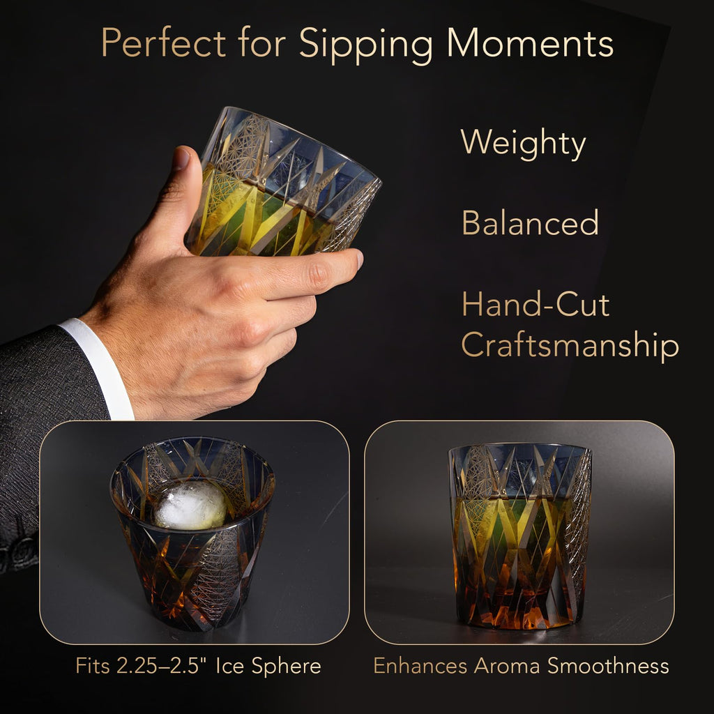 SANMENMO Edo Tokyo Kiriko Style Whiskey Glass – Handmade Crystal Tumbler for Bourbon, Scotch & Cocktails | Cut Glass Design, 8.5Oz | Japanese Old Fashioned Glass, Gift for Men&Women