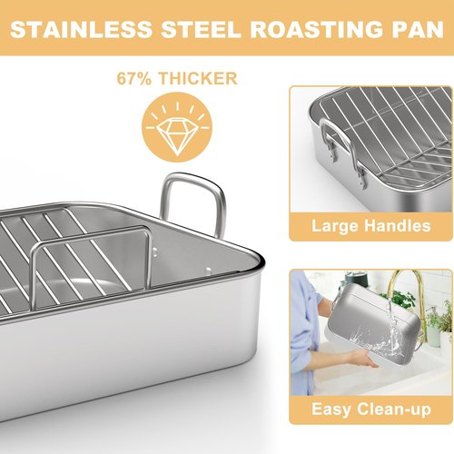 EWFEN Roasting Pan,17*13'' Stainless Steel Turkey Roaster with Rack - Deep Broiling Pan & V-shaped Rack & Flat Rack,Non-toxic & Heavy Duty,Great for Thanksgiving Christmas Roast Chicken Meat Lasagna