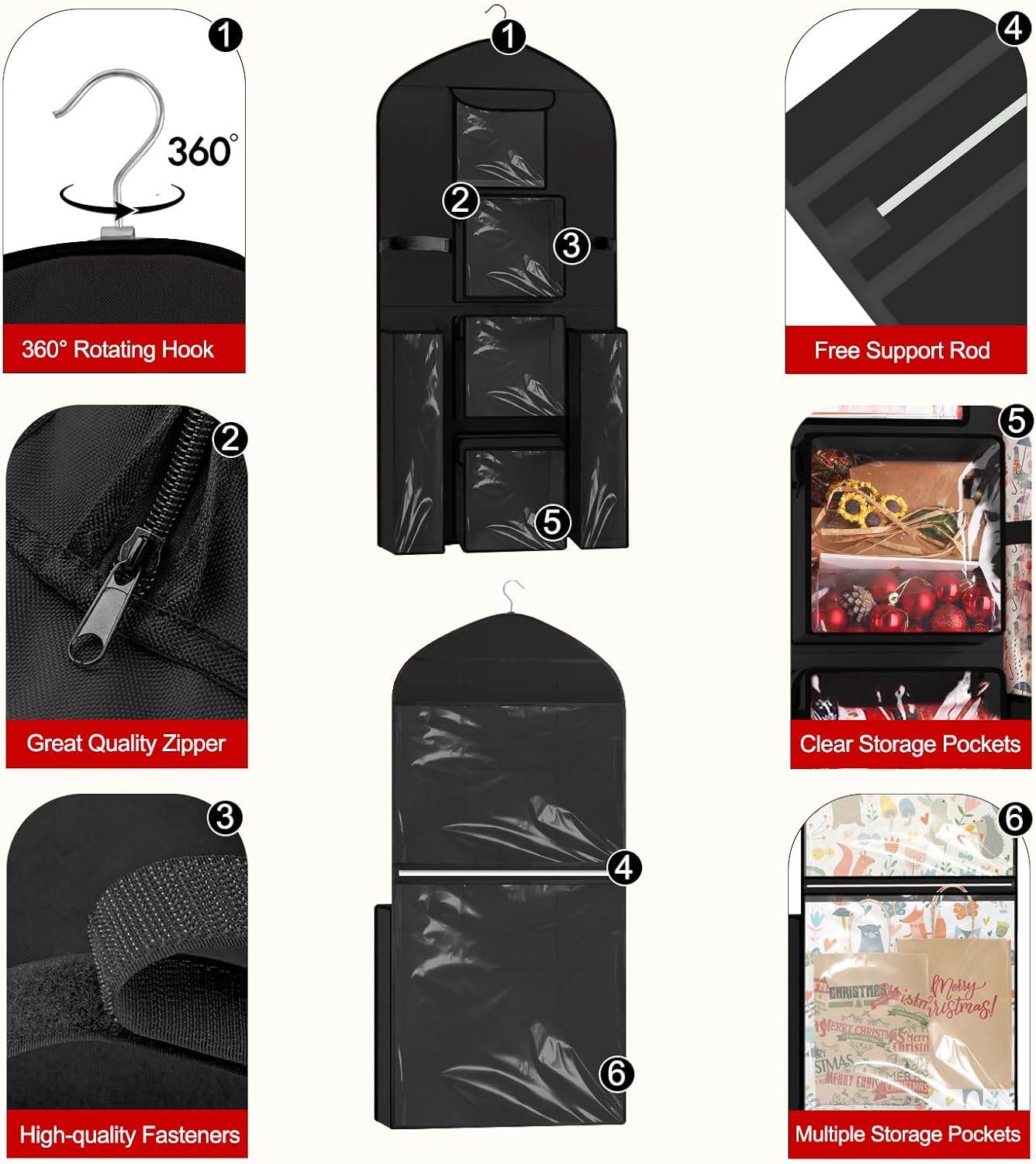 Woodoulogy Gift Wrapping Paper Storage - Extra Large 48x24 Black Double-Sided Organizer Bag