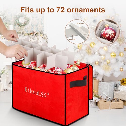HikooLSS Christmas Ornament Storage Box - Holds 72 Ornaments, Adjustable Dividers, Double Zipper | Red