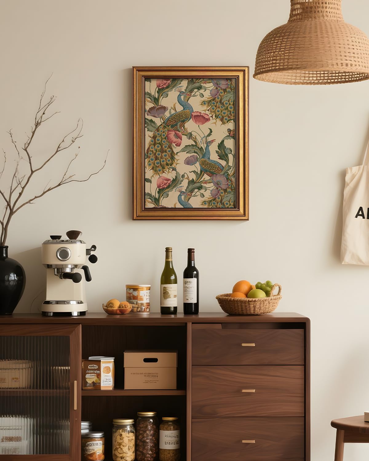 Vintage Golden Framed Canvas Wall Art - Peacock & Poppies Floral Print | 12x16 Inch Decor for Bedroom & Living Room