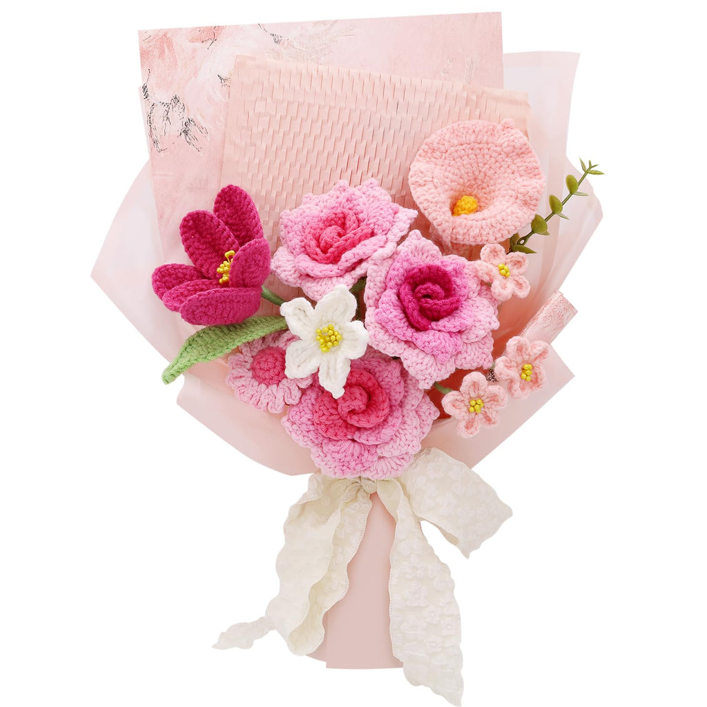 FUCAN Crochet Flowers, Finished Bouquet, Cotton Thread, Handmade, Gift for Lover, Friend, Teacher, Wedding Anniversary, Mixed Flowers, Crochet Bouquet, Artificial Flower (Pink&Red)