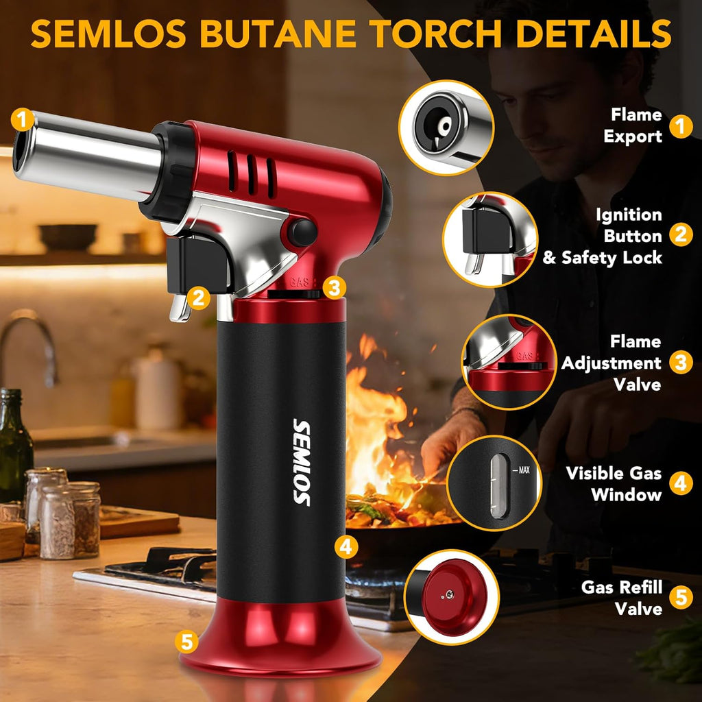 Semlos Butane Torch - Refillable Kitchen Lighter with Safety Lock & Adjustable Flame | Perfect for DIY, Crème Brûlée & Soldering