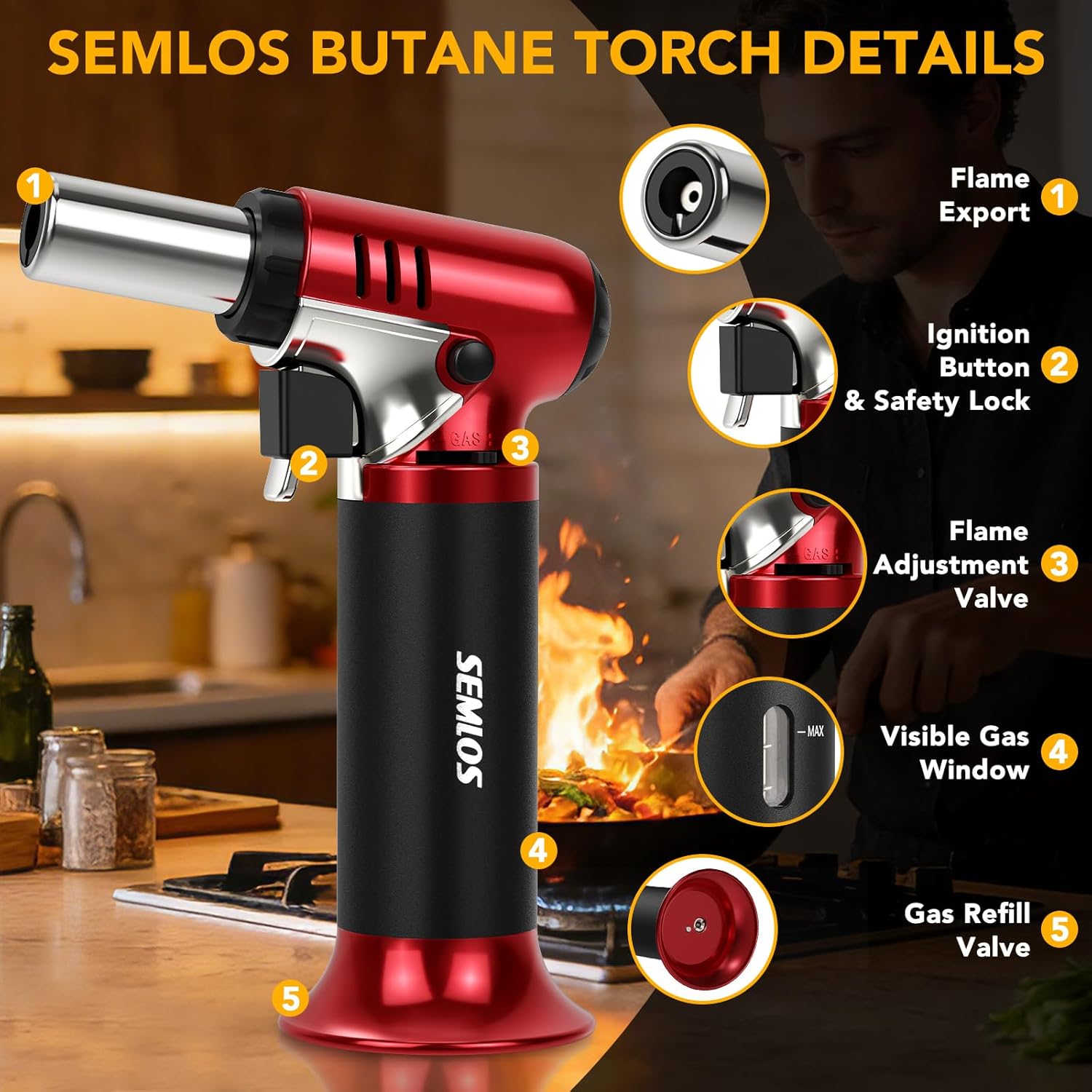 Semlos Butane Torch - Refillable Kitchen Lighter with Safety Lock & Adjustable Flame | Perfect for DIY, Crème Brûlée & Soldering