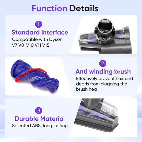 Mini Motorized Tool Brush Head Compatible with Dyson V7 V8 V10 V11 V15 Cordless Vacuum Cleaner, Handheld Couch Vacuum Attachment Anti-Tangle Replacement Parts Head Suitable for Long and Pet Hair