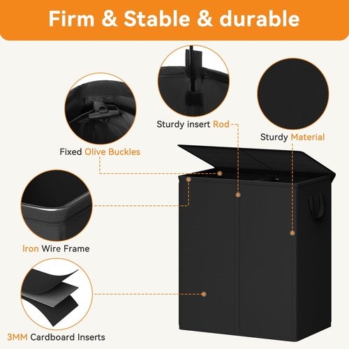 Chrislley 140L Laundry Hamper 2 Section, Double Laundry Basket with Lid, Large Dirty Clothes Hamper with Removable Liner Bags, Collapsible Laundry Organizer for Bedroom, Dorm,Black