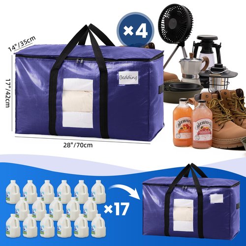 TAILI 4 Pack Dark Blue Extra Large Moving Bags, Heavy Duty Totes with Visible Window, Wrap Around Handles, Great for Storage