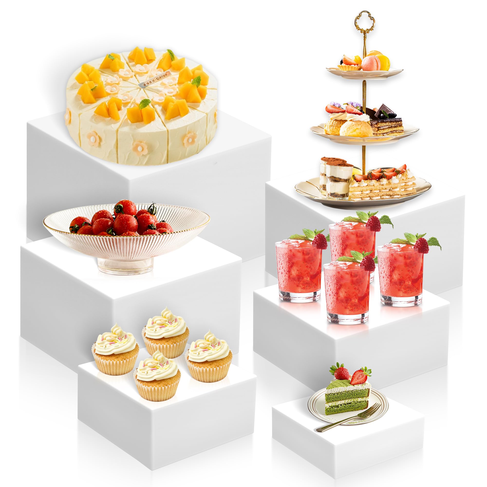 NoderLoya 6Pcs Buffet Risers,Food Risers for Buffet Table Display Stand Shelf for Party Catering Dessert Jewelry Collectibles Acrylic Cube Boxes Display Nesting Risers (white-S(5,6,6.8,7,7.5,8)
