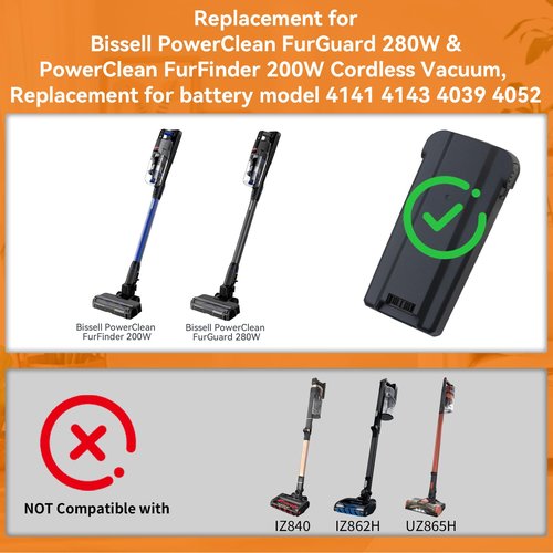 Battery Replacement for Bissell 4141 4143 4026 4031 4039 4051 4052 4091 4137 4172 4173 4194 4205 4342 Vacuum, Bissell PowerClean FurGuard 280W & PowerClean FurFinder 200W Cordless Vacuum 25.2V 3500mAh