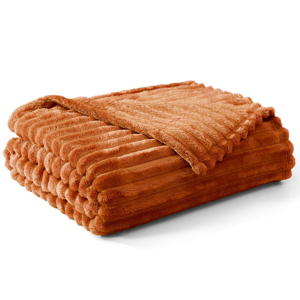 Geniospin Throw Blanket for Couch, Bed, Sofa – 280GSM Super Soft Lightweight Blanket with Stripe, 3D Ribbed Jacquard Blanket, Plush Fuzzy Cozy Throws, Warm and Breathable (Burnt Orange, 50x60 inches)