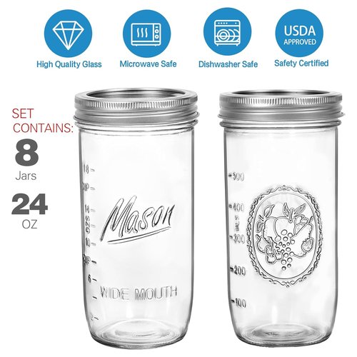 24 oz Wide Mouth Mason Jars - Canning Jars with Metal Airtight Lids and Bands, 24 ounce Mason Glass Jars for Fermenting, Pickling, Meal Prep, Overnight Oats, Jam, Jelly, DIY Projects (8 pack)