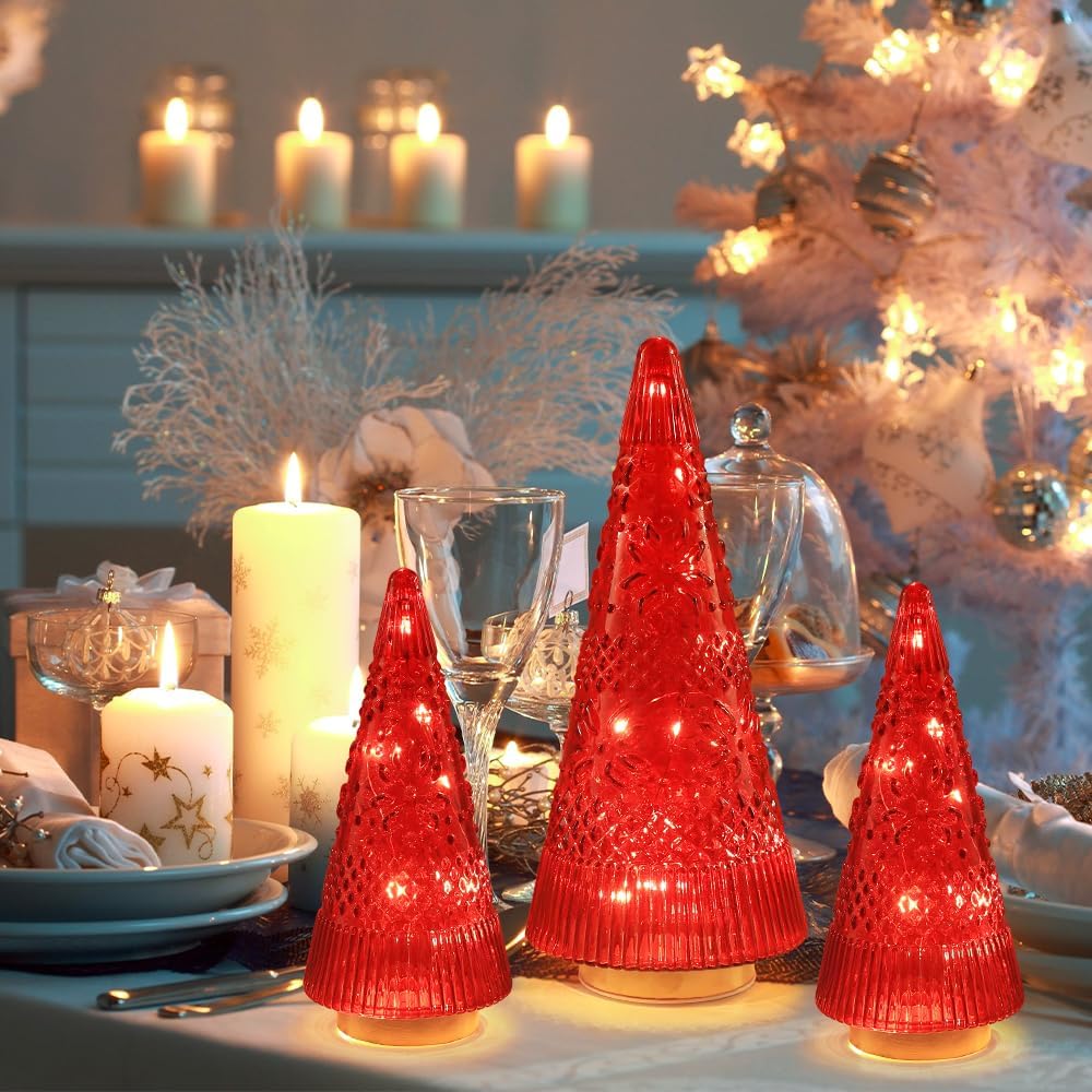 PHITRIC Christmas Tree Centerpieces - 3 PCS Sparkling Glass Decor with LED Lights & Timer | Indoor Holiday Decorations