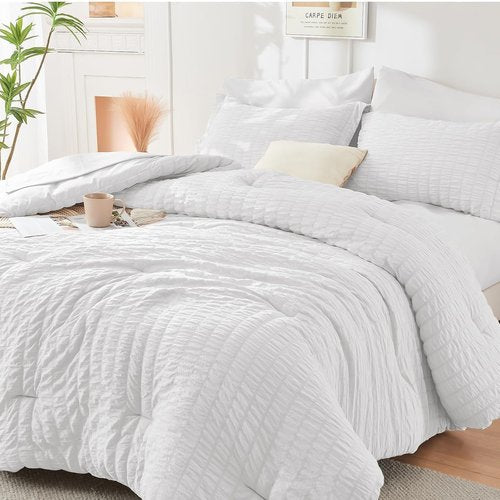 HYMOKEGE King Size Comforter Set - Luxury 7-Piece All-Season Bedding in White with Sheets & Pillowcases