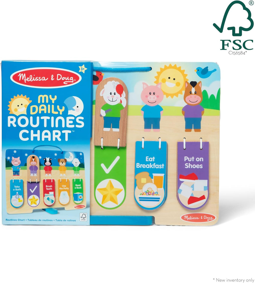 Melissa & Doug My Daily Routines Chart - Wooden Habit Tracker with Multi-Lingual Stickers | Screen-Free Preschool Toy for Ages 3+