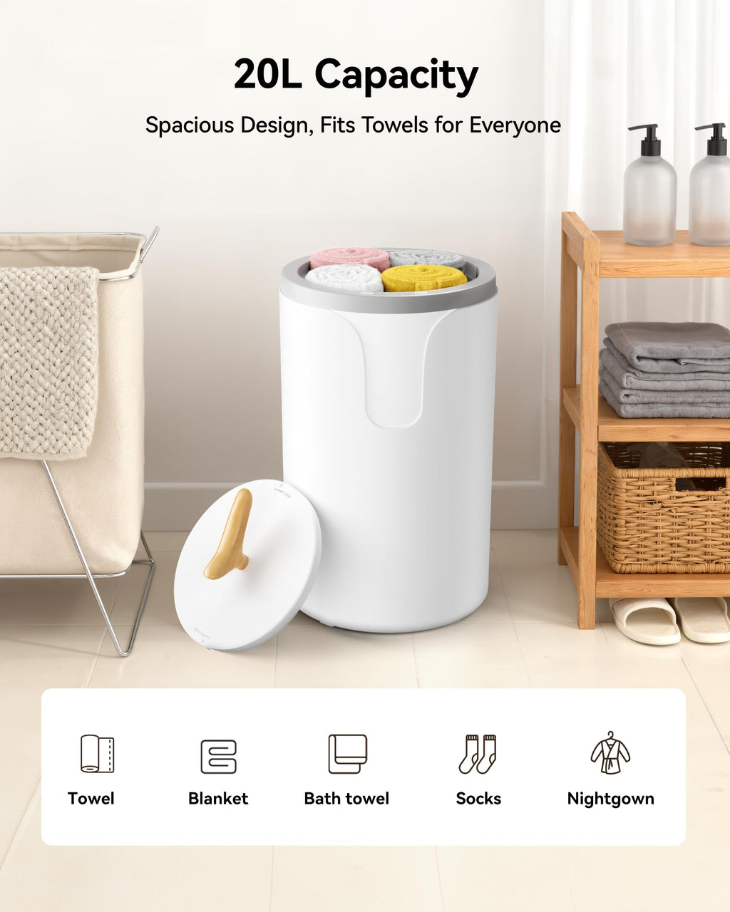 EUHOMY Large Towel Warmer for Bathroom, 3 Timer Settings (30/60/90 Mins), Auto Shut-Off, Fragrance Disc Holder, Bucket Towel Warmer for Oversized Towels, Blankets & Bathrobes, White