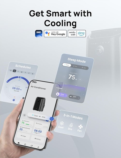 DREO 12,000 BTU Portable Air Conditioner - Quiet 46dB, Smart APP/Voice Control, 24h Timer, Dehumidifier | Indoor Cooling Solution