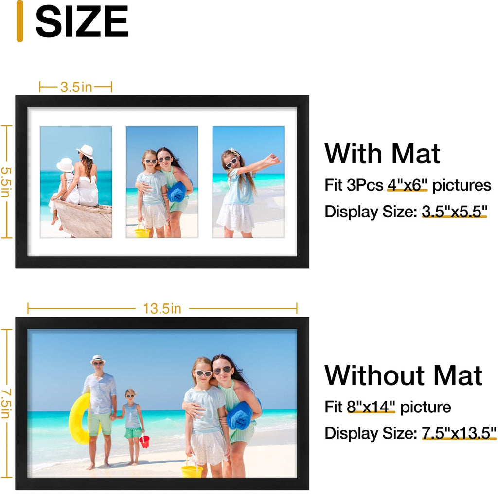 decorUhome 8x14 Picture Frames Collage Wall Decor, Display 3Pcs 4x6 Photos with Mat or 1Pcs 8x14 Unmatted, 3 4x6 Collage Picture Frames for Wall Mounting, Black