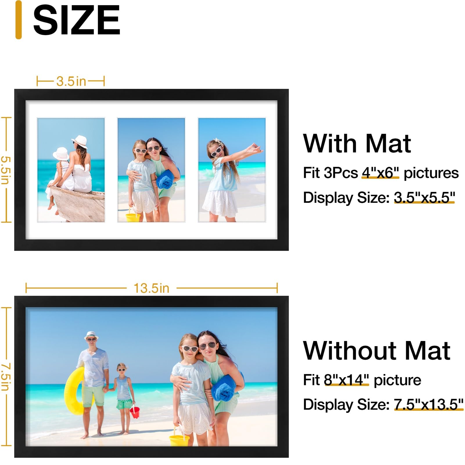 decorUhome 8x14 Picture Frames Collage Wall Decor, Display 3Pcs 4x6 Photos with Mat or 1Pcs 8x14 Unmatted, 3 4x6 Collage Picture Frames for Wall Mounting, Black