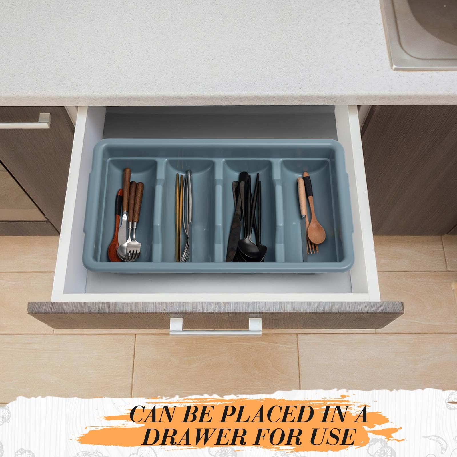 Maxdot 2 Pcs 20.5 x 11.9 x 3.7 Inch Silverware Organizer with Lid, Commercial 4-compartment Restaurant Kitchen Cutlery Tray, Plastic Silverware Storage Container, Condiments Holder (Grayish Blue)