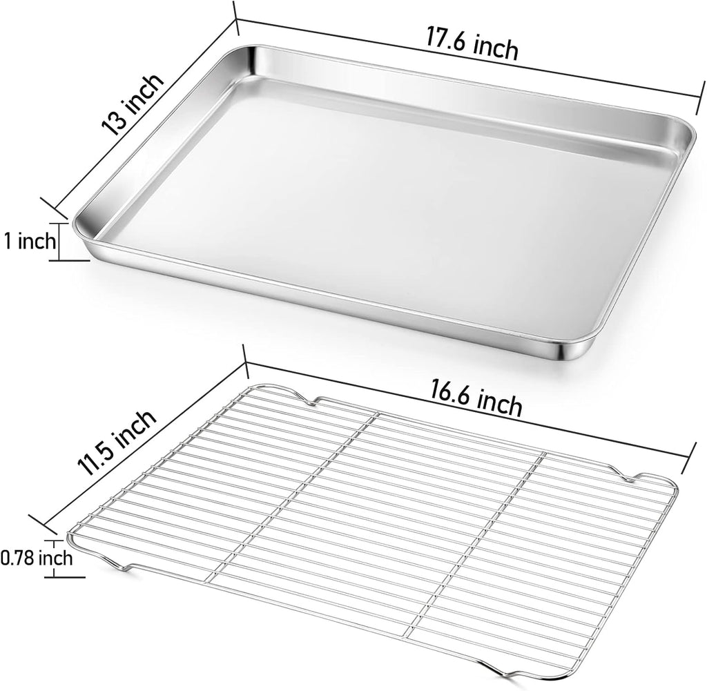 TeamFar Stainless Steel Baking Sheet Set - Heavy Duty Cookie Pan with Cooling Rack | 17.6 x 13 x 1 Inch, Non-Toxic, Dishwasher Safe - Set of 4