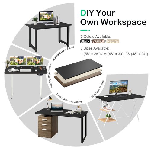 COSTWAY 55" x 28" Universal Table Top, Solid One-Piece Wood Desktop for Standard & Height Adjustable Desk Frame, Rectangular DIY Home Office Countertop(Table Top only) (Black, 55" x 28")