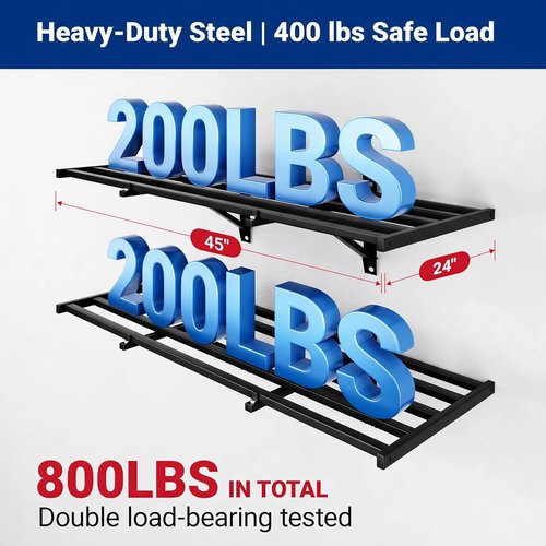 FLEXIMOUNTS Heavy Duty Garage Wall Shelving - 2x4ft Wall-Mounted Storage with 8 Hooks, 400lbs Capacity