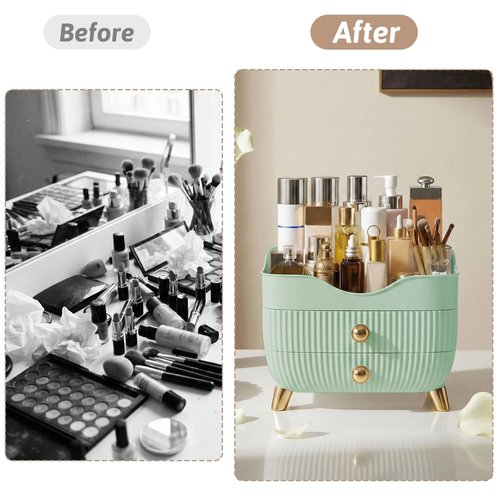 Makeup Organizer for Vanity, Large Capacity Skincare Cosmetic Organizer Countertop with 2 Drawers, Cosmetic Display Cases Makeup Storage Box for Bedroom, Bathroom, Ideal Gifts for Women(Green)