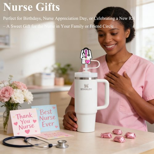 Amreich Pink Nurse Straw Toppers - Silicone Stanley Cup Accessories Essentials for Nursing Work, Cute Straw Cover Caps Gifts for Nurse Week Appreciate Practitione Graduate for Women
