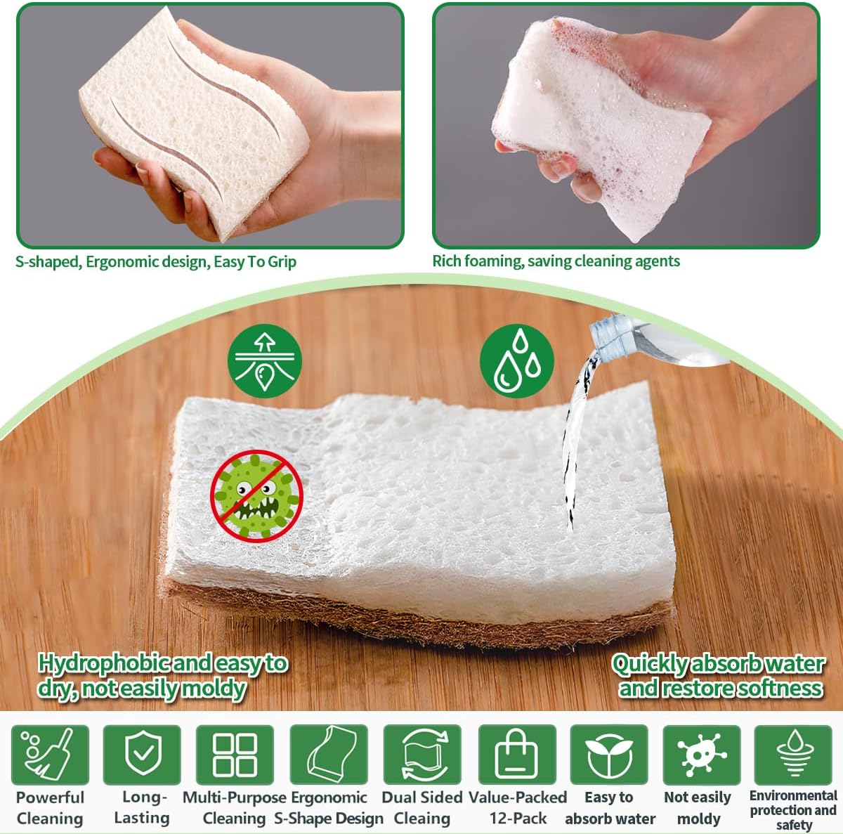 Natural Dish Sponges | Plant-Based Biodegradable Cellulose with Coconut Scrubber - Eco-Friendly (Pack of 12)
