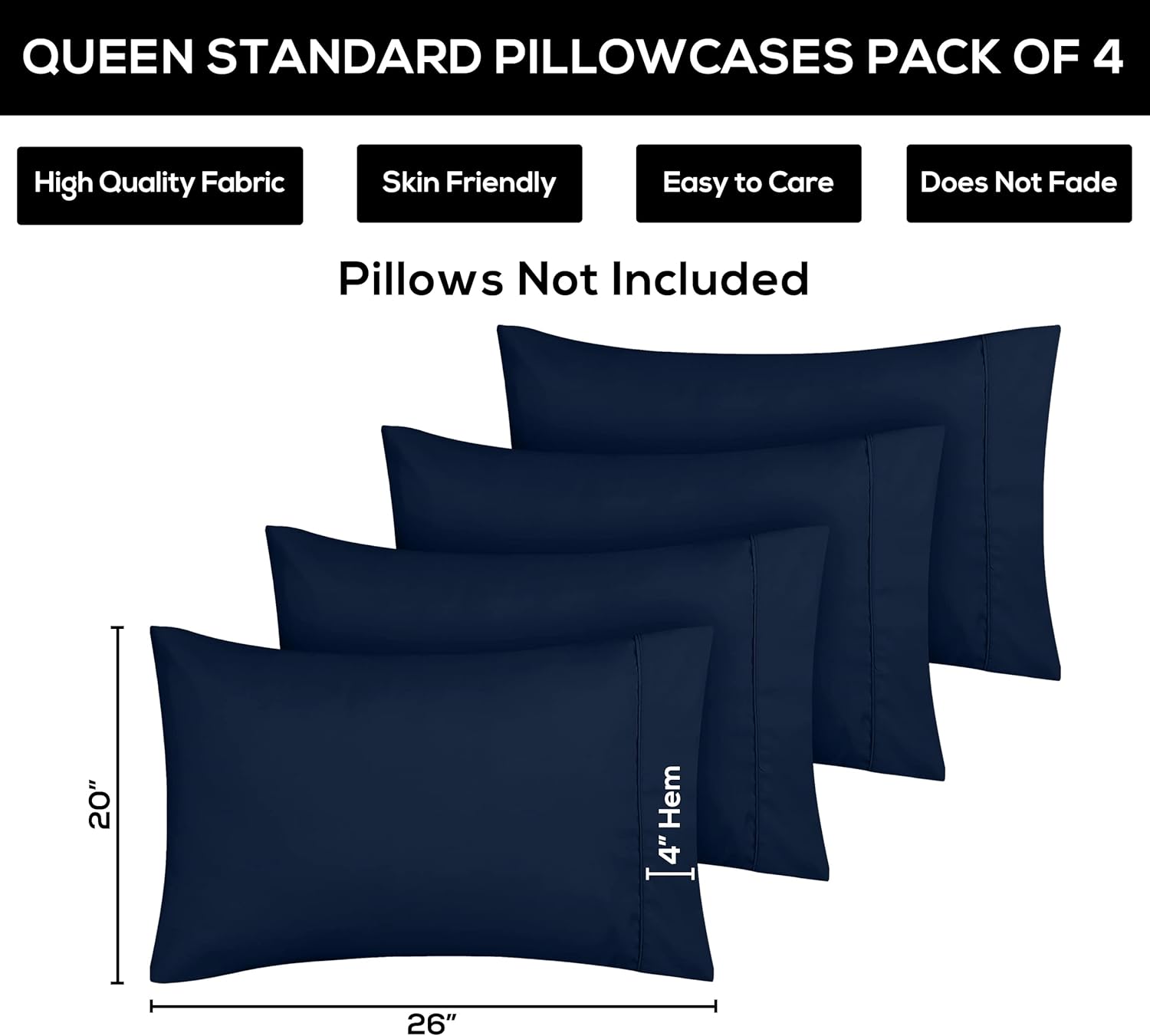 Utopia Bedding Standard Pillow Cases - Soft Brushed Microfiber - 4 Pack, Navy, 20 x 26 Inches