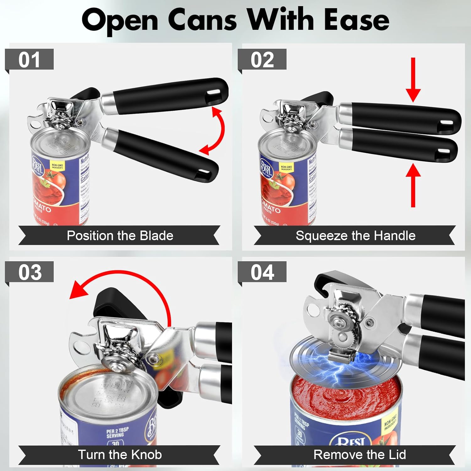 Skiennix Manual Can Opener Set - Heavy Duty Stainless Steel with Smooth Edge & Strong Magnet | 3-Piece Black Kitchen Tool