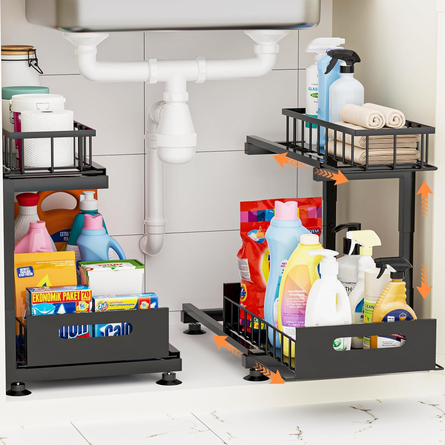 Under Sink Organizer by Regine Switzerland - Heavy Duty Metal Pull-Out Cabinet Shelf | Adjustable Multi-Purpose Storage (Black, 2-Pack)