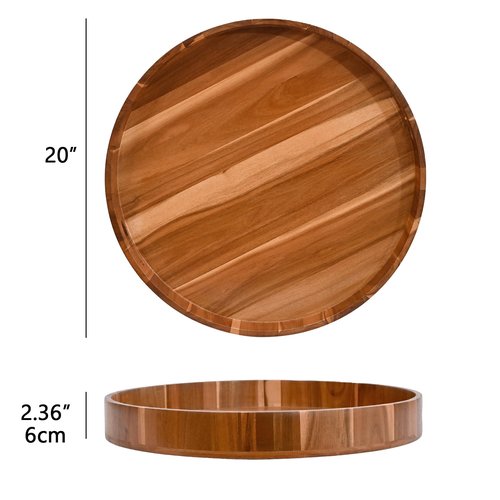 20 Inch Extra Large Round Serving Tray HeavyDuty Acacia Wood Tray for Oversized Ottoman Coffee Table and Counter Giant Decorative Organizational Tray Extensive Kitchen Serveware