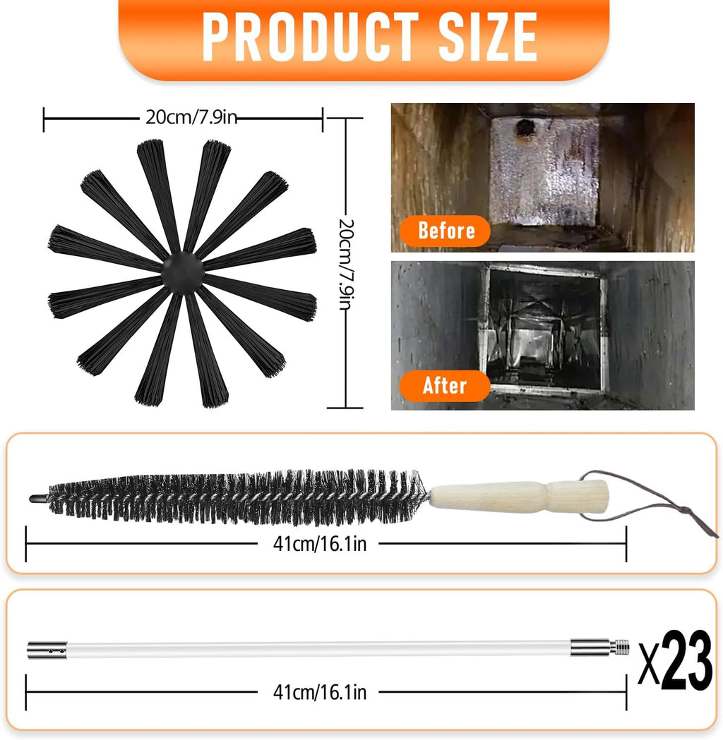 Skiennix 30-Foot Chimney Sweep Kit - 8-Inch Brush Head & Dryer Vent Cleaner with 23 Flexible Rods