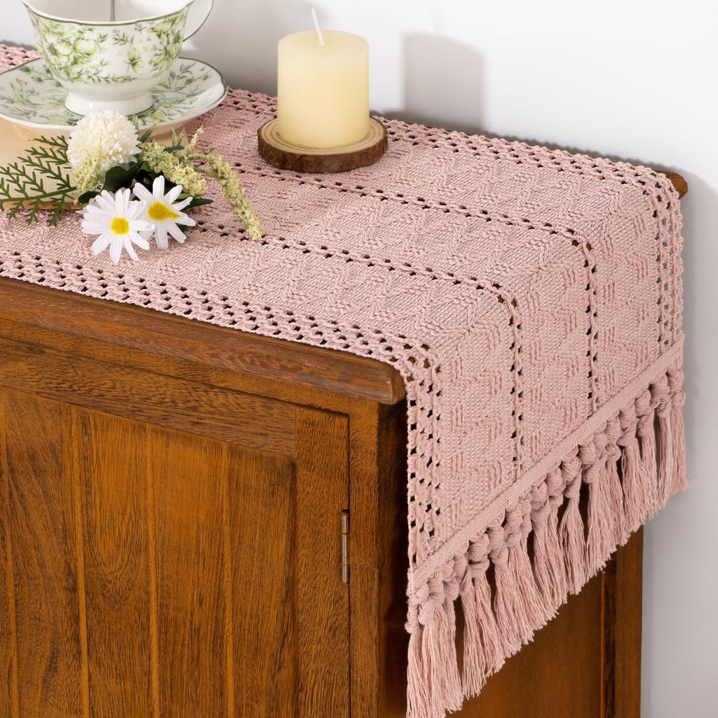 Socomi Boho Table Runner - Rustic Macrame Woven Cotton for Spring Decor | 12x36 in Pink