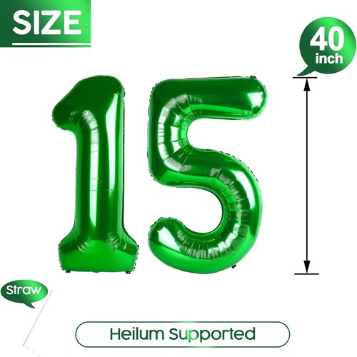 15 Balloon - Dark Green 40-Inch Large Foil Birthday Number Balloons for Men, Women & Kids